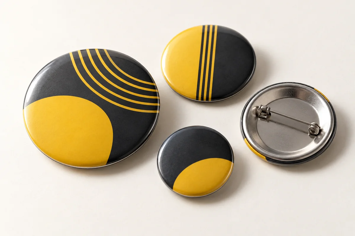 Визуализация значков: круглые закатные значки с печатной лицевой стороной и булавкой на обороте