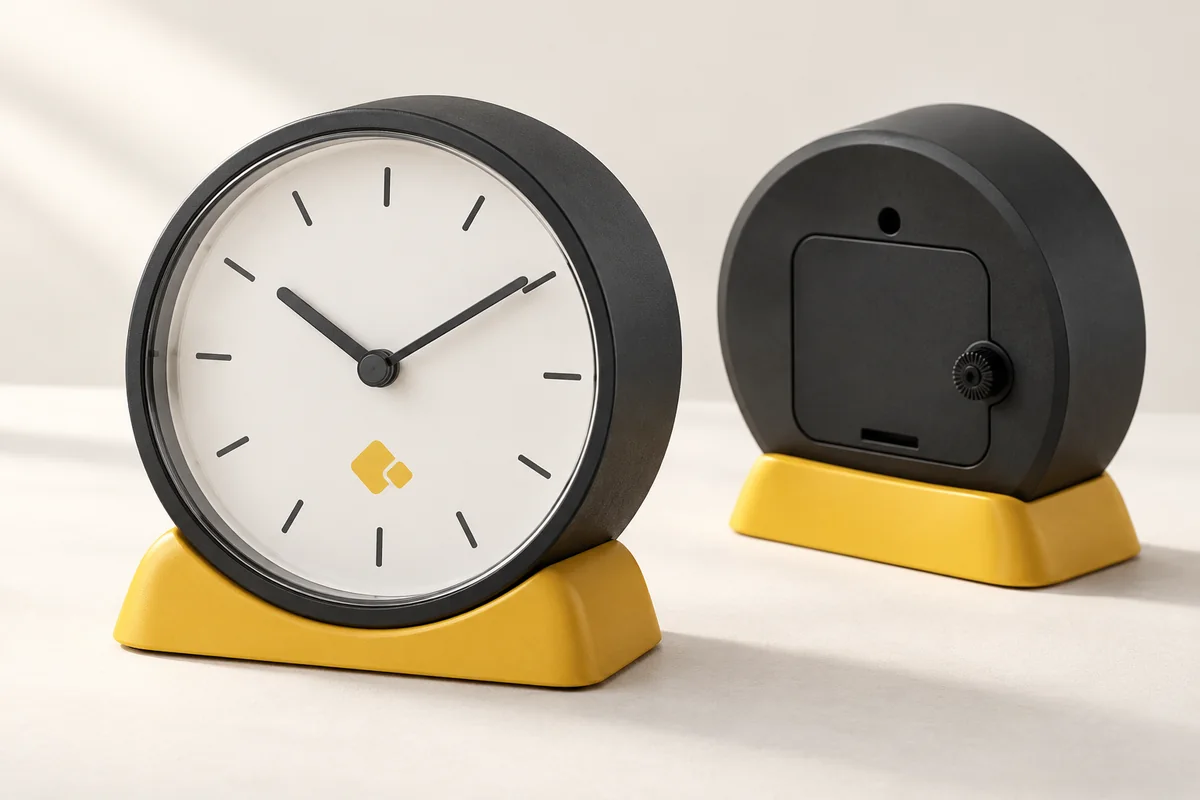 Визуализация настольных часов: компактные часы со стрелками и устойчивой настольной подставкой
