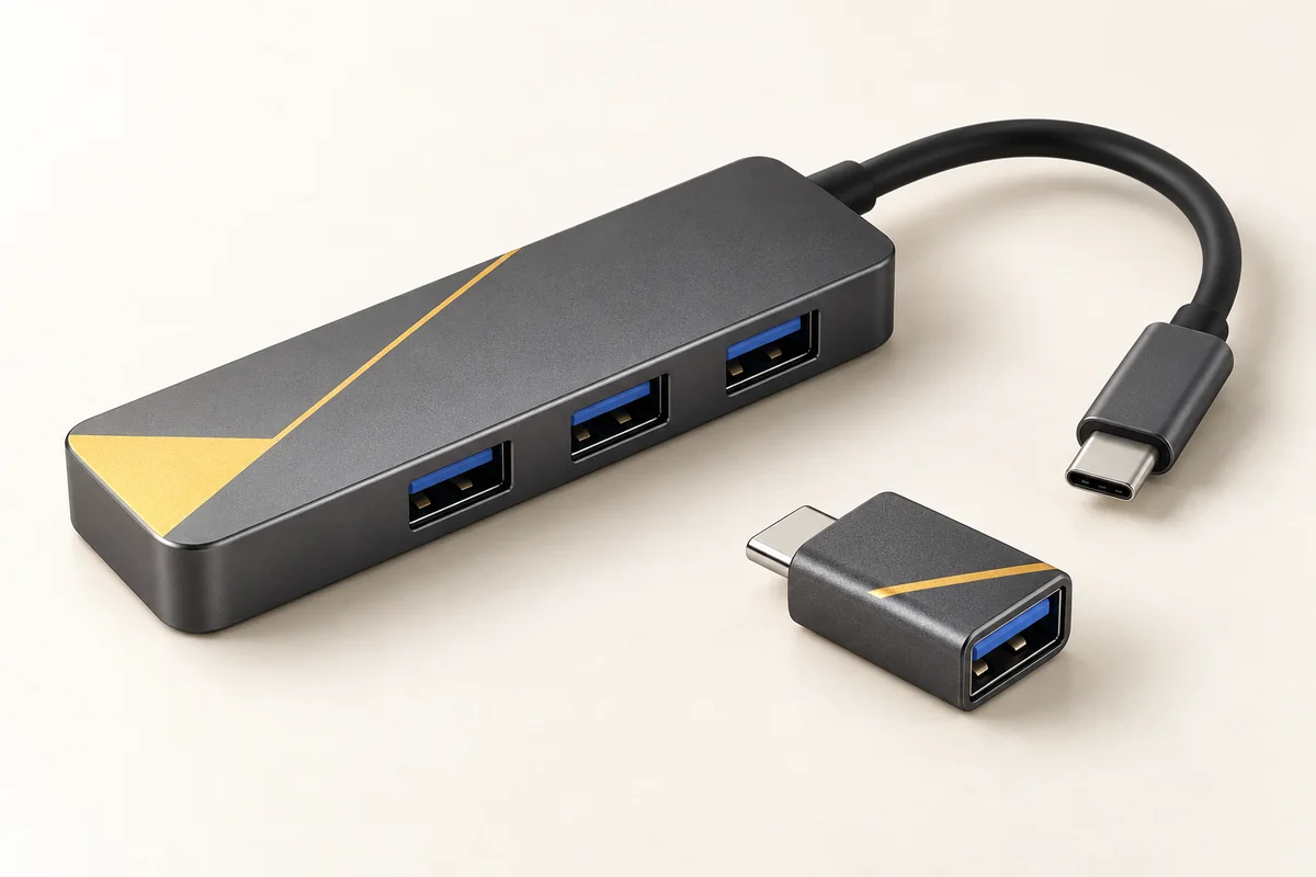 Визуализация: USB-хаб с кабелем и переходник с видимыми разъёмами